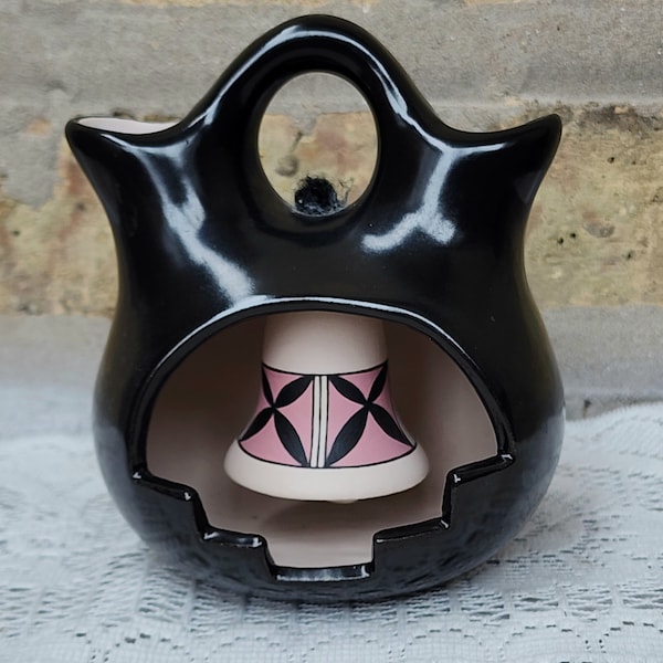 Vintage Black Signed Navajo Native American Diorama Bell Figurine Pottery Art Decorative Wedding Vase