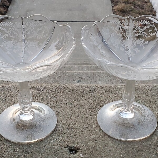 2 Vintage Cambridge Portia Etch Etched Rose Flower Flora Basket Swags Scroll Clear Elegant Glass Crystal Pedestal Serving Compote Glasses