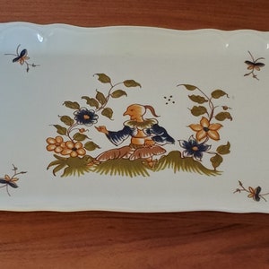Vintage Revol France Maiden Lady Colonial Provincial Blue Yellow Flowers Butterfly Sandwich Appetizer Rectangle Plate Platter Serving Tray
