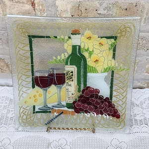 Vintage Peggy Karr Fused Art Glass Plate: Grapes, Wine, Cheese, Floral Design