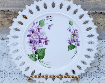 Vintage Hand Painted Purple Lilac Flowers Kemple Milk Glass White Opalescent Wheat Stack Open Work Lattice Lace Pierced Edge Plate Dish