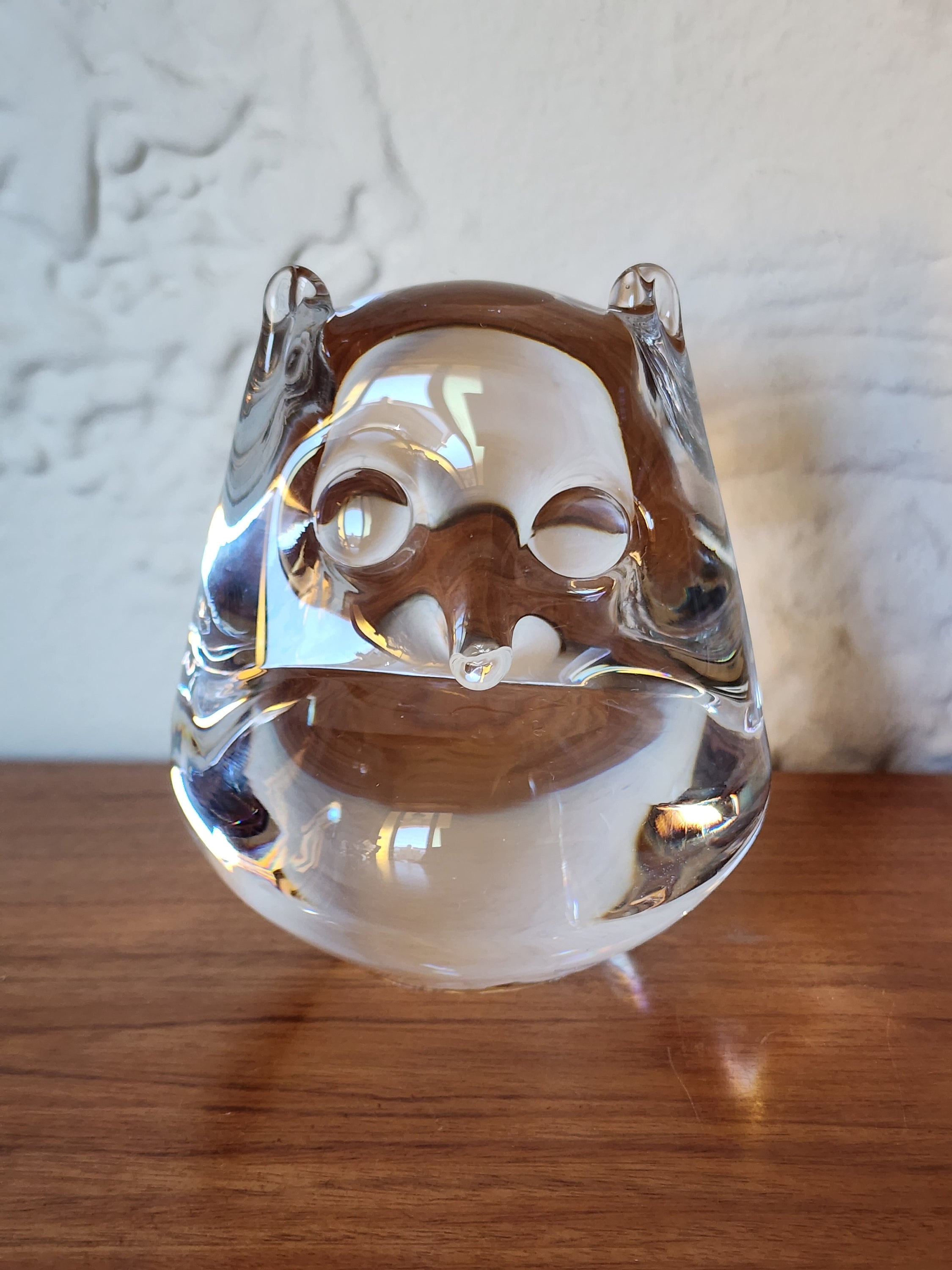 Vintage Wise Old Owl Bird Figurine Clear Art Glass Figurine Paperweight Sculpture Collectible