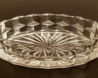 Vintage Set of 2 Fostoria Early American Clear Crystal Glass Stacked Cubist Cube Oval Double Cigarette Individual Ashtrays