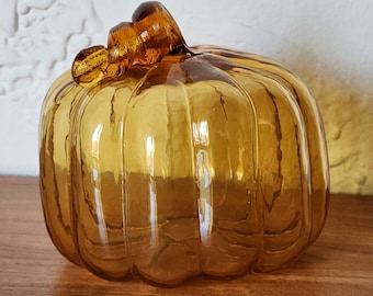 Honey Gold Blown Hollow Glass Pumpkin Autumn Fall Glass Figurine Table Topper Decor