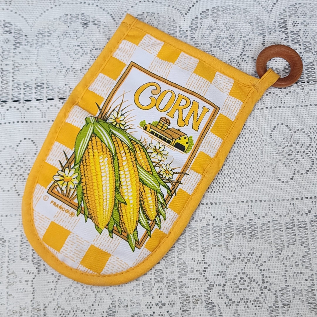 Vintage Franco Sweet Corn Daisy Farm Yellow White Checker Plaid Quilted Kitchen Cooking Oven