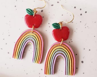 Teacher Earrings | Rainbow Earrings | Apple and Rainbow Earrings | School Earrings | Cute Teacher Appreciation Gift | Handmade Clay Earrings