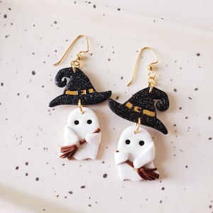 Halloween Earrings, Ghost Earrings, Fall Earrings, Witch Hat Ghost Earrings, Handmade Polymer Clay Earrings