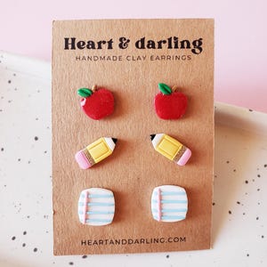 School Earrings, Pencil Earrings, Apple Earrings, Notebook Paper Earrings, Gifts for Teacher, Stud Earrings, Teacher Earrings
