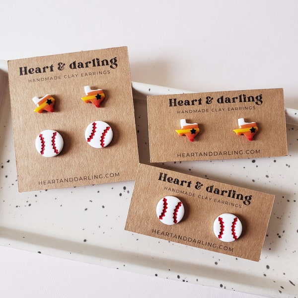 Baseball Houston, Retro Texas Shape Small Stud Earrings, Handmade Polymer Clay Earrings, Mini Stud Earrings