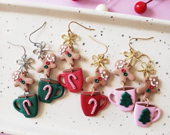 Gingerbread & Hot Cocoa Earrings | Handmade Polymer Clay Christmas Dangle Earrings | Cozy Holiday Jewelry | Gifts for Her