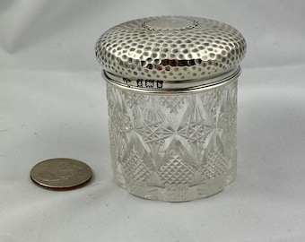Cut Glass Antique Dresser Jar with Sterling Lid | Vanity Jar & Silver Top | British Marks 1901 | Jewelry Box | Makeup Holder | Gift For Her