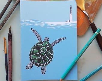 Sea turtle swimming to lighthouse, fine art blank greetings card. Sea, ocean, island, blue waves, green seaturtle. birthday. Candy Medusa UK