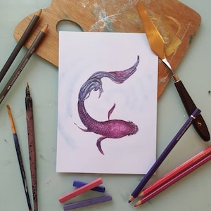Foo the Siamese Fighter Fish, biglietto di auguri fine art. Penna e inchiostro e acquerello Betta Spledens illustrazione vuota Card by Candy Medusa.
