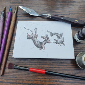 Dackel schwimmen mit Fisch, Kunst leere Grußkarte. Wurst Hund, Doxie, Dashchund, Welpe, Geburtstag. Tinte Illustration, Candy Medusa