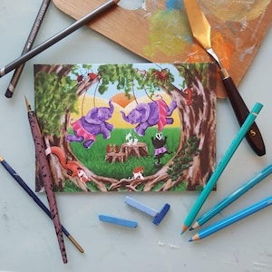 Dans van de vlotvoetige heffalumps, beeldende kunst blanco wenskaart. Concept albumhoes. Fantasie circusdieren. verjaardag. Candy Medusa Nederland