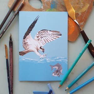 Falco pescatore che cattura il pesce spigola, biglietto di auguri bianco fine art. Mare, fiume, pesca, falco, aquila, uccello, preda, onda blu. compleanno. Candy Medusa Italia