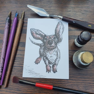 Teckel lopen, fijne kunst lege groeten kaart. Worst hond, doxie, dashchund, puppy, springen, verjaardag. Inktillustratie, Candy Medusa UK