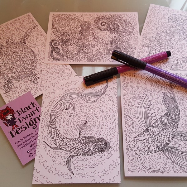Fine Art Adult Colouring in Postcard set, 5 intricate designs, coloring activity for pens or pencils. Octopus, jellyfish, koi, betta, turtle