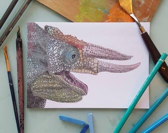 Happy Chameleon, fine art blank greetings card. Lizard pen ink and watercolour mixed media reptiles illustration. birthday. Candy Medusa UK