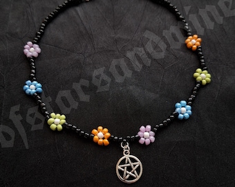 Witchy pentacle flower choker - goth necklace - 90s grunge - wicca - gothic