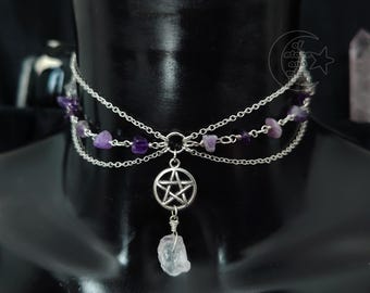 Amethyst pentacle choker - goth wiccan necklace