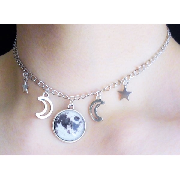 celestial full moon choker, pastel goth, grunge, gothic necklace