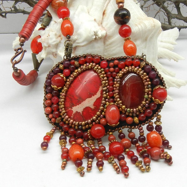 RED NECKLACE SET, gemstone bead embroidery necklace, bead embroidery jewelry, after five jewelry, gift ideas, jane bari design