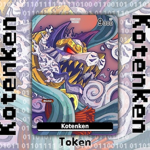 May include: A rectangular trading card featuring a stylized wolf-like creature with purple fur, a gold headpiece, and red eyes. The card displays the text Digimon Token, 9000 DP, Blocker, and Kotenken, set against a background of swirling blue waves.