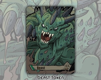 May include: A green and black illustrated Beast token with sharp teeth and horns. The token has the word "Beast" and the text "Beast Token" on it. The token has a 44 dice symbol.