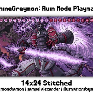 Tapete de juego ShineGreymon Ruin Mode - Juego de cartas Digimon DCG de 14 x 24 con bordes cosidos, morado y amarillo, alternativo Agumon Greymon RizeGreymon Marcus