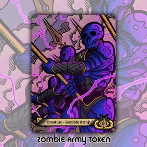 May include: A fantasy art card featuring a zombie army. The illustration depicts several figures in purple armor with skull-like helmets, wielding weapons against a backdrop of purple lightning and clouds. The card reads "Creature - Zombie Army" and "Zombie Army Token".