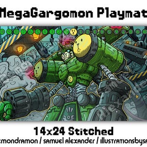 Peut inclure: Un tapis de jeu MegaGargomon avec une illustration détaillée d'un robot vert avec des accents jaunes et un design de dessin animé. Le tapis de jeu mesure 35,56 x 60,96 cm et est cousu, avec du texte qui dit "MegaGargomon Playmat" et les crédits de l'artiste.