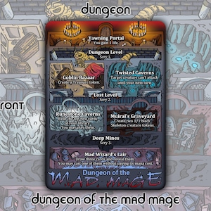 May include: A rectangular game card titled Dungeon of the Mad Mage featuring a multi-level dungeon map. The card displays various locations including Yawning Portal, Goblin Bazaar, Twisted Caverns, Runestone Caverns, Muiral's Graveyard, and Mad Wizard's Lair.