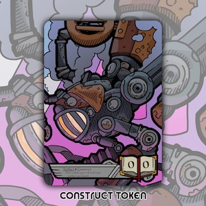 Könnte beinhalten: Eine Fantasy-Construct-Token-Karte mit einer Steampunk-Roboter-Illustration. Die Karte hat ein braunes und graues Farbschema mit lila und rosa Akzenten. Der Text "Construct Token" steht unten.
