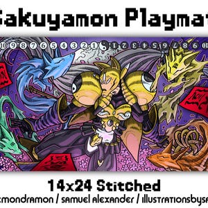 Sakuyamon Playmat - 14 x 24 Digimon kaartspel DCG gestikte randen geel Crisis Release 2.5 Xros Pipe Fox Kuda Kitsune Taomon Kyubimon Renamon