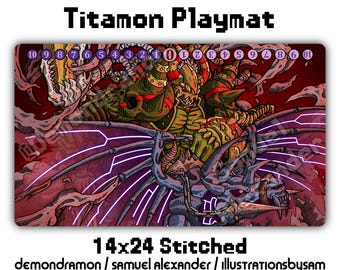 Titamon + SkullBaluchimon Playmat - 14x24 Digimon Card Game DCG Stitched Edges Purple Titan Time Stranger