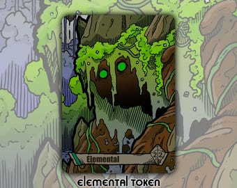 May include: A fantasy-themed card featuring a brown, tree-like figure with bright green eyes and foliage. The card is labeled "Elemental" and "Elemental Token" with a dice symbol indicating a 2/2 value. The background has a forest theme.