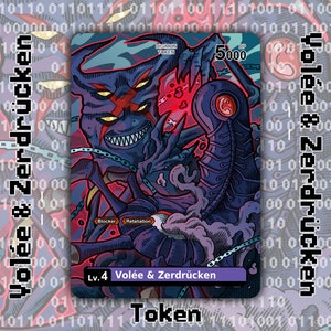 Può includere: Una carta Digimon blu scuro e rossa con un'illustrazione di mostro. La carta è intitolata "Volée & Zerdrücken" e ha un livello di potenza di 5000. La carta è etichettata come un "Token".