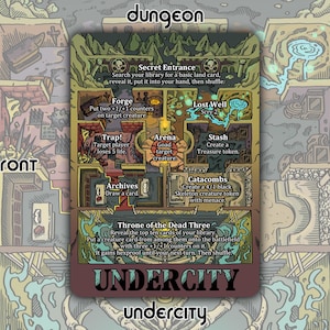 Op de afbeelding: Een rechthoekige spelkaart met de titel Undercity met een kleurrijke illustratie van een kerkerkaart. De kaart toont verschillende locaties, waaronder Secret Entrance, Forge, Lost Well, Trap, Arena, Stash, Archives, Catacombs en Throne of the Dead Three.