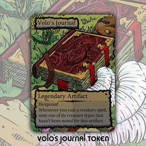 Puede incluir: Una carta de fantasía con una ilustración detallada del Diario de Volo. La carta tiene una cubierta marrón y roja con detalles dorados, cintas rojas y el texto "Volo's Journal". Está etiquetada como un "Artefacto legendario" con "Hexproof".