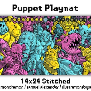 Puppet Playmat - 14x24 Digimon Card Game DCG Stitched Edges Yellow Purple - Cendrillmon Shoemon Hanimon Monzaemon Puppetmon Etemon