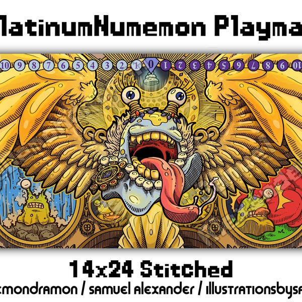 PlatinumNumemon Playmat - 14 x 24 Digimon-kaartspel DCG-gestikte randen Zwart Geel Blast Ace Exceed Apocalypse Monzaemon Numemon