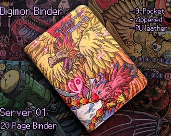 Digimon Binder - Server 01 - 9-Pocket Zippered Card Game DCG Storage - Gaia Red Cocytus Blue - Biyomon Phoenixmon Gomamon Plesiomon