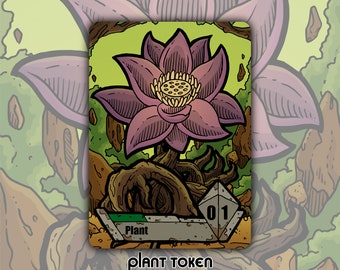 May include: A fantasy-themed plant token card featuring a large purple lotus flower with a yellow center. The card has a green and brown background with the word "Plant" and the number "01" displayed. The words "plant token" are at the bottom.
