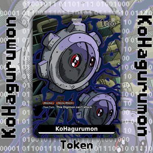 May include: A trading card featuring a cartoon character, Kohagurumon, with a gear-like design and red eyes. The card has a black and purple colour scheme with the text "Token" at the bottom. The background has binary code.