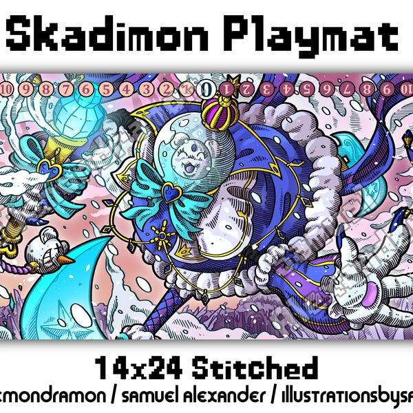 Skadimon Playmat - 14 x 24 Digimon kaartspel DCG gestikte randen blauw geel Frigimon Liberator
