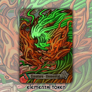 Puede incluir: Una tarjeta de arte de fantasía con una criatura en tonos naranja y verde. La tarjeta dice "Creature - Elemental" y "Elemental Token". La obra de arte tiene un estilo detallado, dibujado a mano, con una apariencia texturizada.
