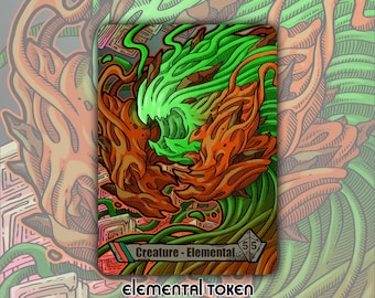 May include: A fantasy art card featuring a creature with orange and green hues. The card reads "Creature - Elemental" and "Elemental Token" in a stylized font. The artwork has a detailed, hand-drawn style with a textured appearance.