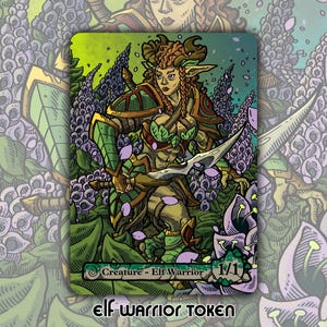 May include: A fantasy art card featuring an elf warrior with a sword, surrounded by purple and green foliage. The card has the text "Creature - Elf Warrior" and "elf warrior TOKEN" at the bottom, with a 1/1 power/toughness indicator.