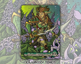 May include: A fantasy art card featuring an elf warrior with a sword, surrounded by purple and green foliage. The card has the text "Creature - Elf Warrior" and "elf warrior TOKEN" at the bottom, with a 1/1 power/toughness indicator.